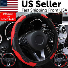 Car Steering Wheel Cover Red Black Leather Anti-Slip for 15"/38Cm Carbon Fiber