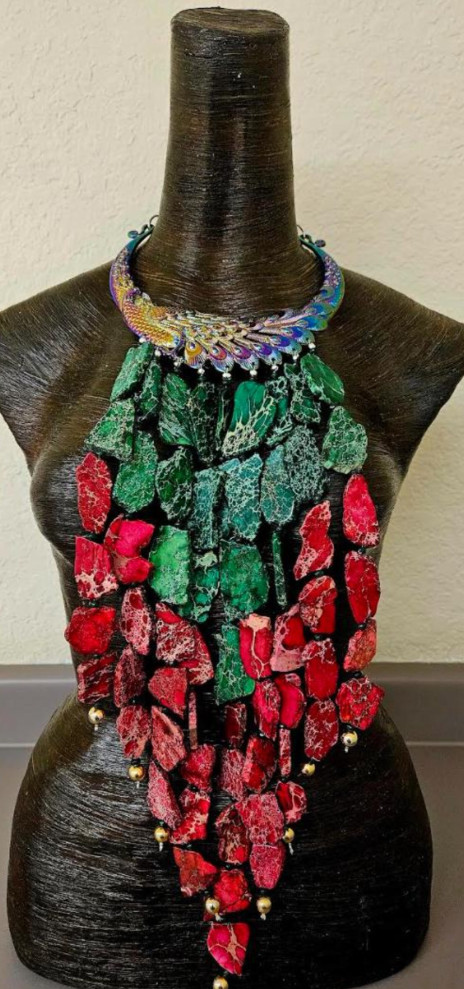 Sea Sediment Slab Statement Necklace: Red & Green Artisan Chest Piece - Luxury