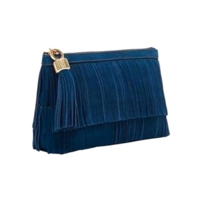 India Hicks Blue Fringe Suede Leather Clutch Tassel and Gold Accents