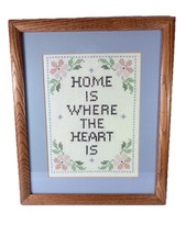 Vintage "Home Is Where The Heart Is" Cross Stitch 16-1/2" x 14" Oak Frame Matted