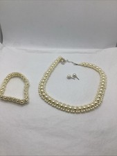 Faux Pearl Costume Jewelry Necklace, Earrings And Bracelet Set. 10/29