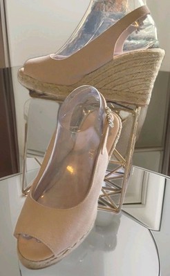 Paseart - Spain - Suede Espadrille Wedges Size 8.5 Cream - Rhinestone Buckle NEW