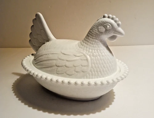 Vintage Indiana Glass White Milk Glass Hen On A Nest Covered Dish Beaded 7"