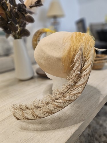Vintage Jack McConnell NY Beige Felt Hat Long Feather Rhinestone 1960s
