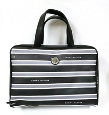 NEW TOMMY HILFIGER BLACK+WHITE+GRAY STRIPED VINYL ZIP AROUND LARGE COSMETIC,BAG