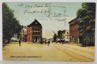 Watertown NY Lower Court Street 1908 to Tulsa Indian Territory Postcard R19