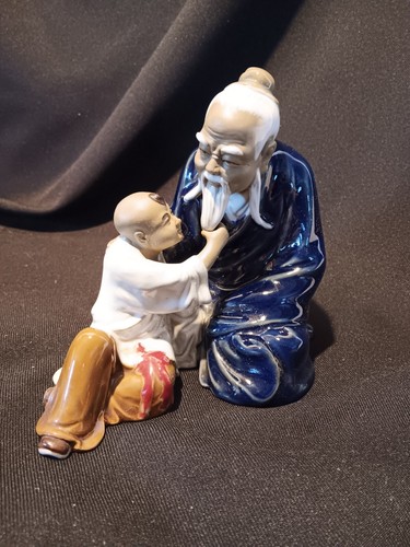 VTG Chinese Wanjiang Mudman Figurine Child Touching Old Man Beard Blue - Picture 7 of 11