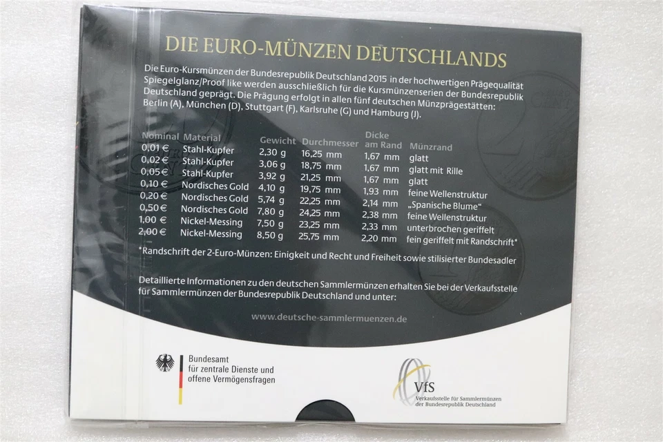 Germany 2015 J Proof-Like 1 Cent - €2 Euro 8 Coin Collection Set B46#55BX3 - Image 2 of 2