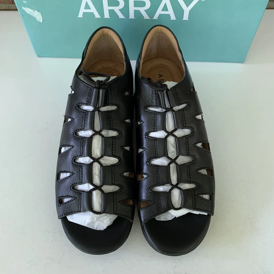 ARRAY Women’s Beverly Black Leather Cage Sandals Low Heel Size US 7 N Narrow NEW - Image 2 of 4