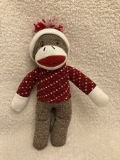 Dan Dee SOCK MONKEY Stuffed Plush 12  Red White Green Sweater  Pom Pom Hat