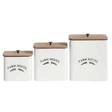 LITTON LANE Metal Containers White  Wooden Lid Knob Handle Wipe Clean (Set of 3)