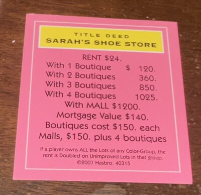 Vtg Monopoly Barbie Boutique Ed. 2007 Replacement Pc Sarah s Shoe Store Card