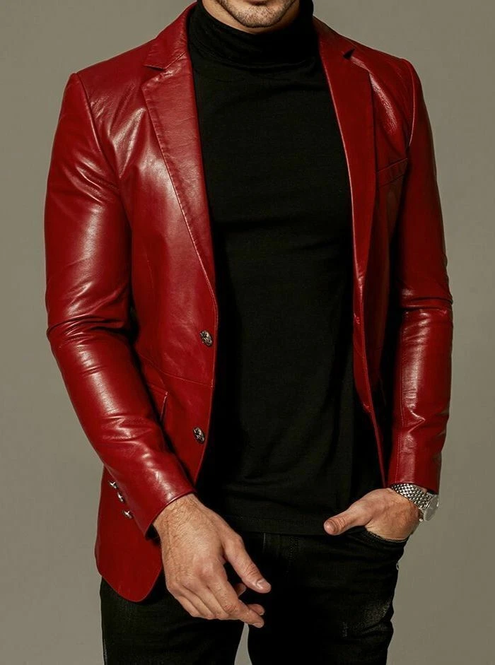 Real Lambskin Genuine Leather Stylish Business Formal Red Handmade Men Blazer - Image 3 of 4