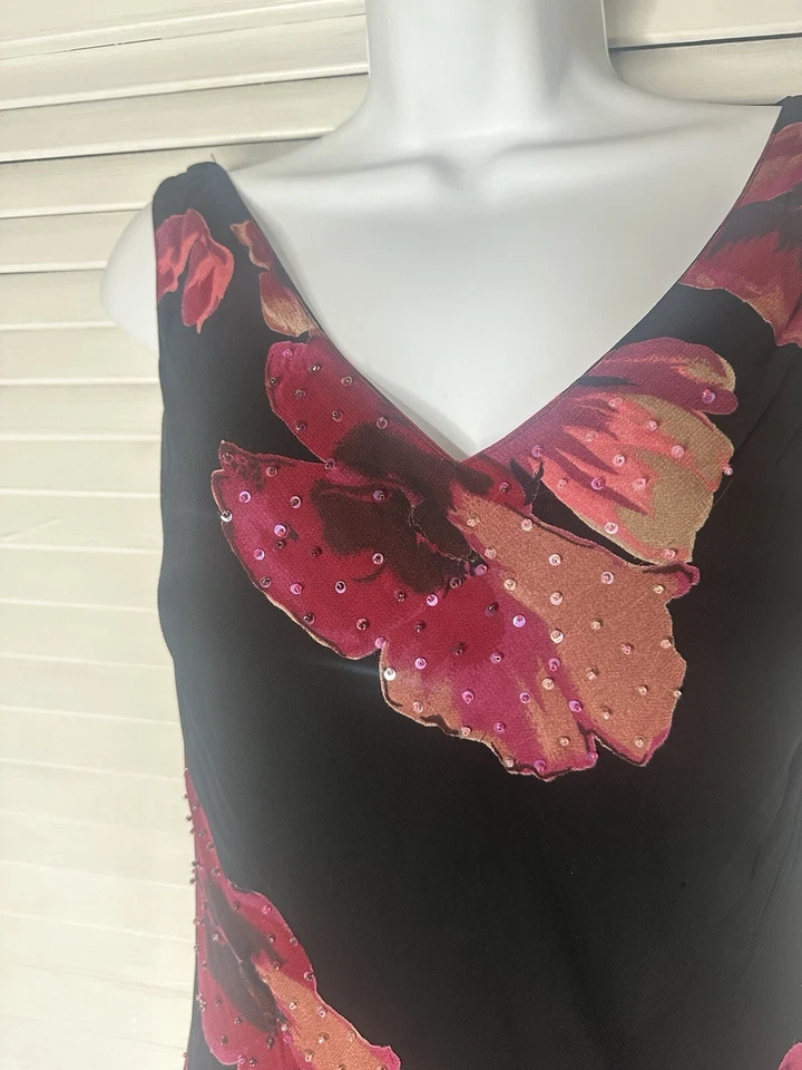 Vestido sin Mangas De Colección Azul Eva Y2K Negro Rosa Floral Con Cuentas Coqueta Volantes Corte Sesgado M Foto 4 de 4