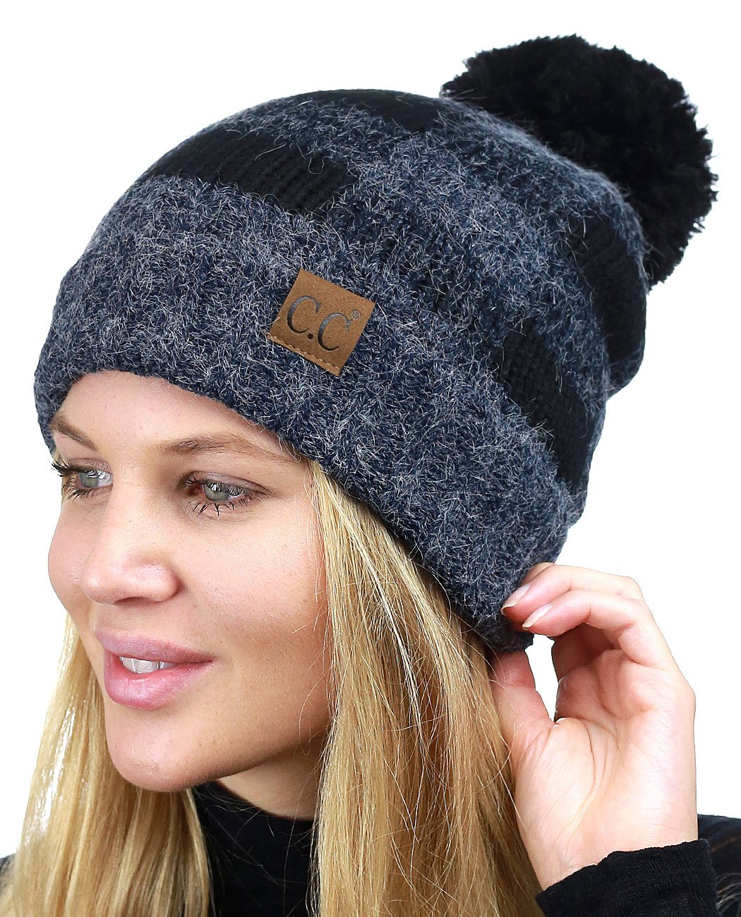 NEW! CC Beanie Soft Stretch Pom Pom Fuzzy Lined Buffalo Plaid Cuff