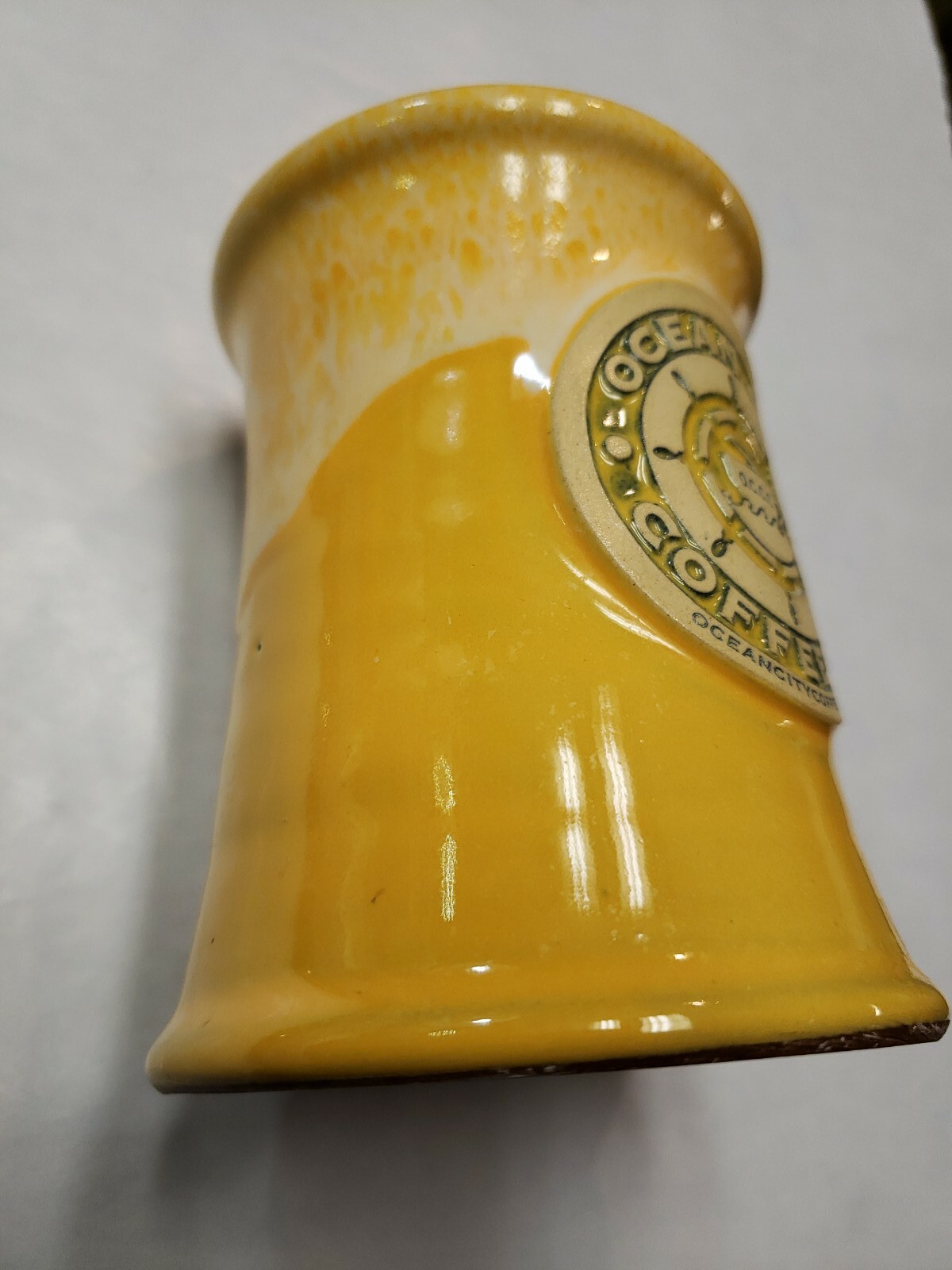 2014 DENEEN POTTERY Ocean City Coffee Co. MUG Yellow Dripped Glaze Hand Thrown eBay
