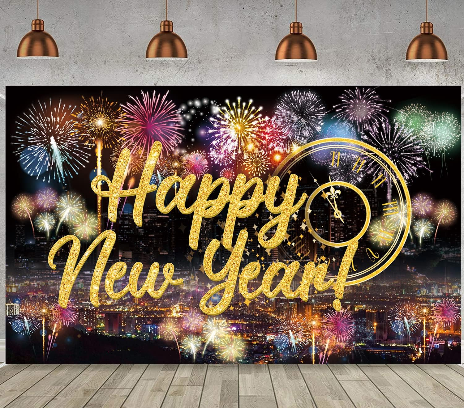 Happy New Year Fabric Sign Poster Backdrop with Fireworks for New Year Photo