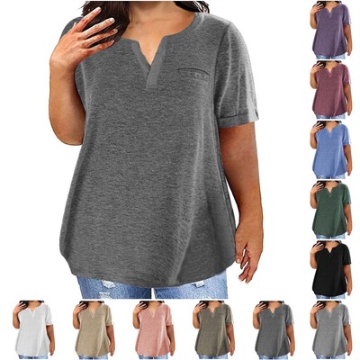 Plus Size Women Tops V Neck Short Sleeve Pocket Loose Casual Shirt Summer Blouse