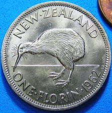 New Zealand Florin Coin 1962 Kiwi Bird Lustrous KM-28.2, Free S/H after 1st item