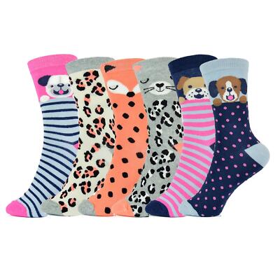 Ladies Leopard Dog Cat Design Mid Calf Socks Pack of 6 Cotton Rich Striped Socks