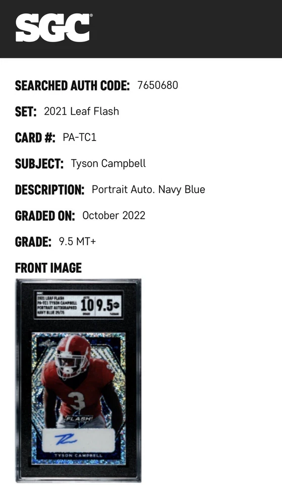 2021 LEAF FLASH PA-TC1 TYSON CAMPBELL PORTRAIT AUTO NAVY BLUE 29/75 SGC 10/9.5 M - Image 2 of 3