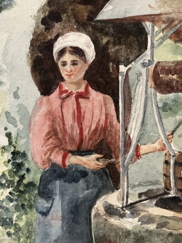 Aquarelle Ecole Française Fin XIX-Début XXe Jeune femme au puits Projet au dos - Photo 9/13