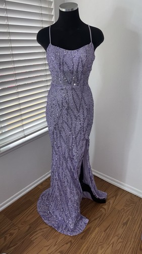 Purple Lavender Sequin Formal Evening Gown Floor Length Elegant Dress with Slit