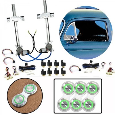 2-Door Flat Glass Power Window Kit w/3 Retro Billet Switches - Gn Illumination  
