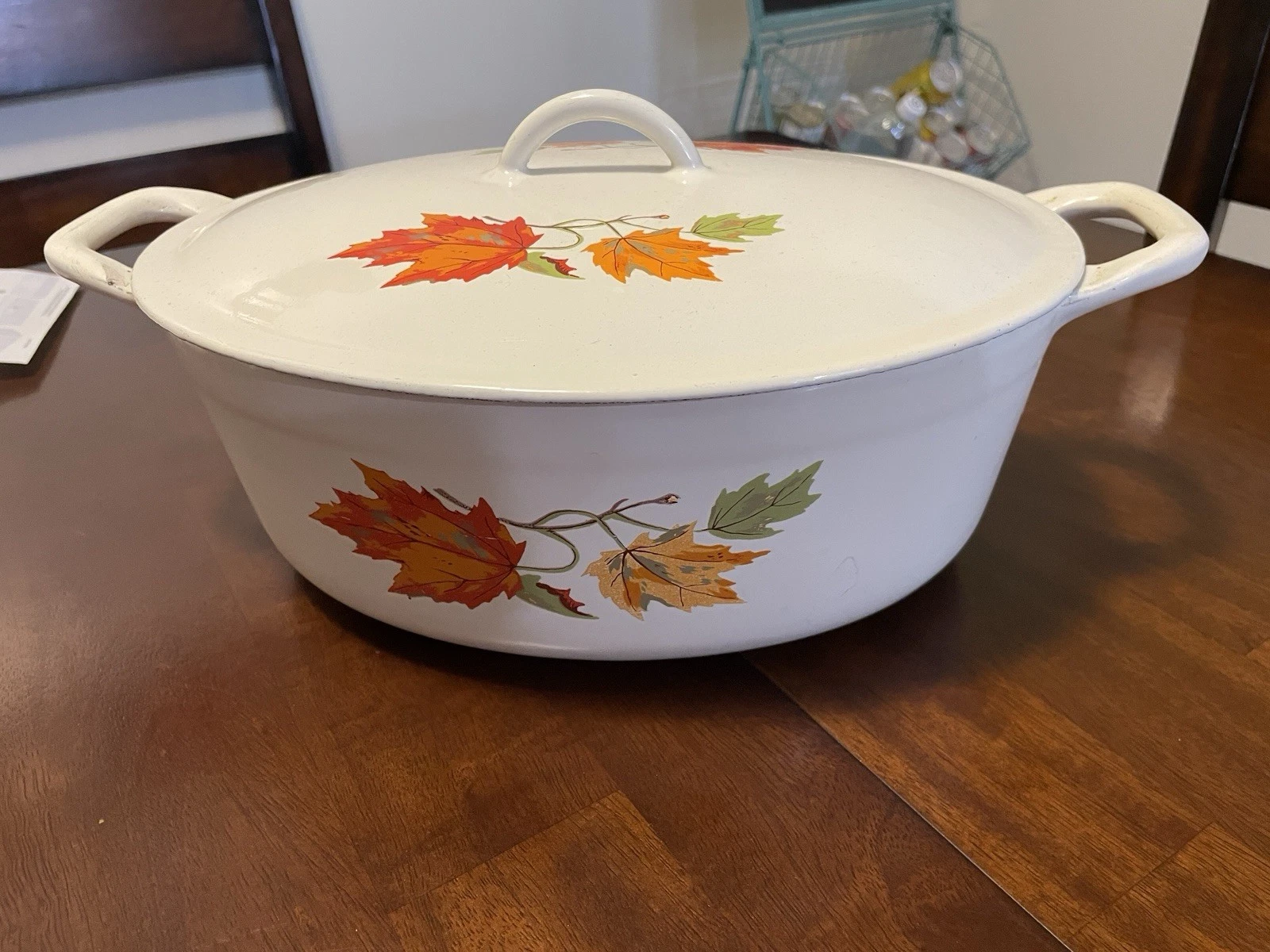Vintage Descoware Oval Cast Iron Belgium Autumn Leaves Enamel 4 Quart Dutch Oven