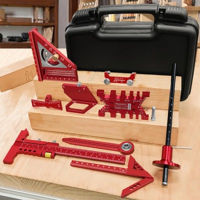 10Pcs Woodworking Square Set Aluminum Ruler Compass Gauge Height Tool Kit Box