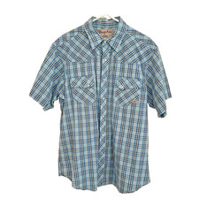 Vintage Rustler Wrangler Mens XL Blue Plaid Pearl Snap Shirt Southwestern Cowboy