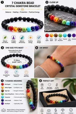 7 Chakra Bead Crystal Gemstone Bracelet Anxiety Nature Stone Healing Reiki NEW - Image 1 of 3