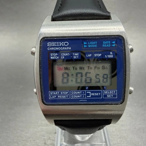 Seiko Digital Watch Men 34mm Blue Dial Silver Tone Chronograph M929-4000 NewBat