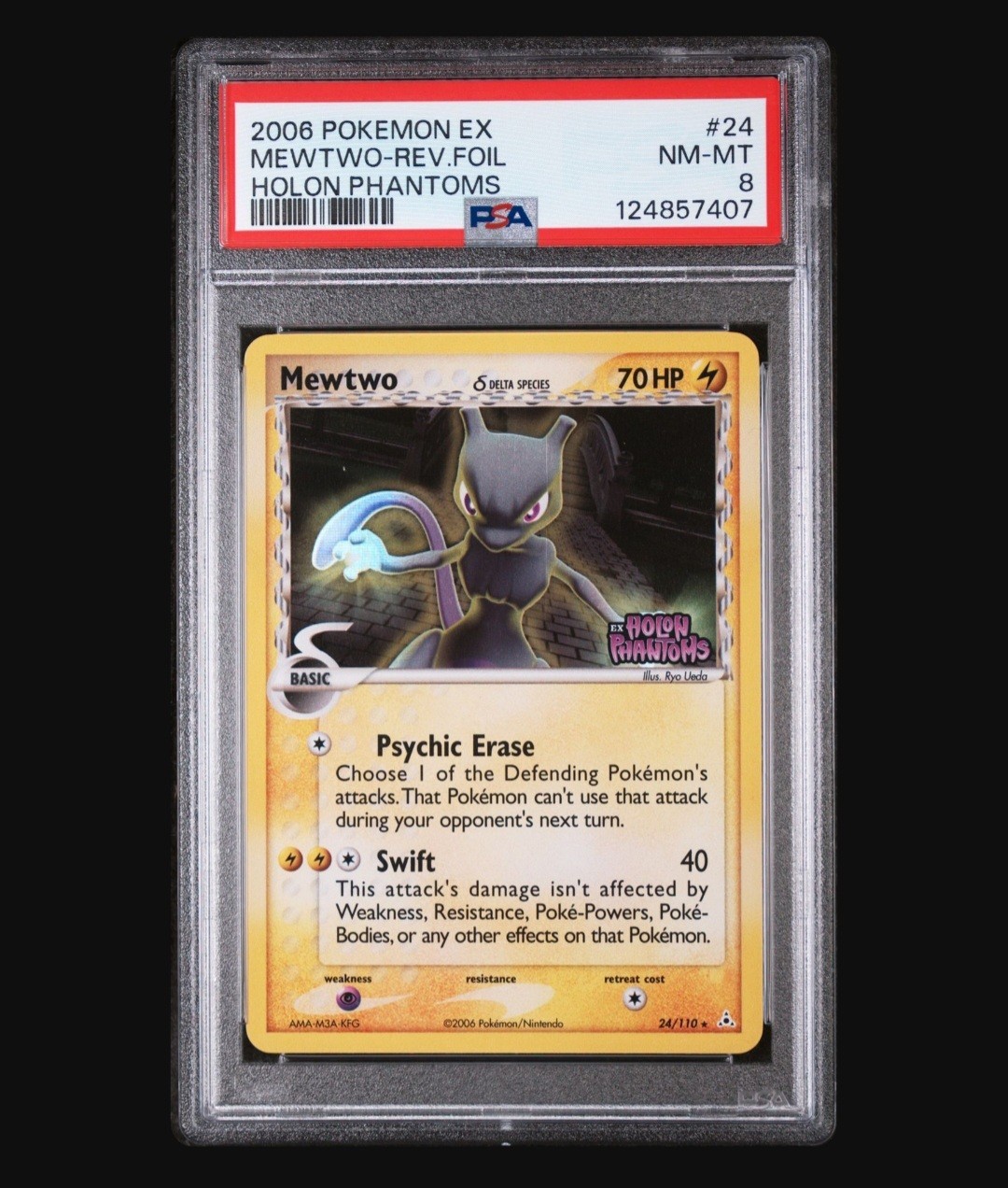 2006 POKEMON EX HOLON PHANTOMS #24 MEWTWO-REVERSE FOIL PSA 8