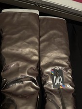Silver Knee High Stiletto Heeled Boots Pointed Toe Synthetic with Zipper