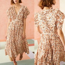 Ulla Johnson Dress Midi Wrap Orange Blue Ruffle Pleated Knit Trim Lisette US 4