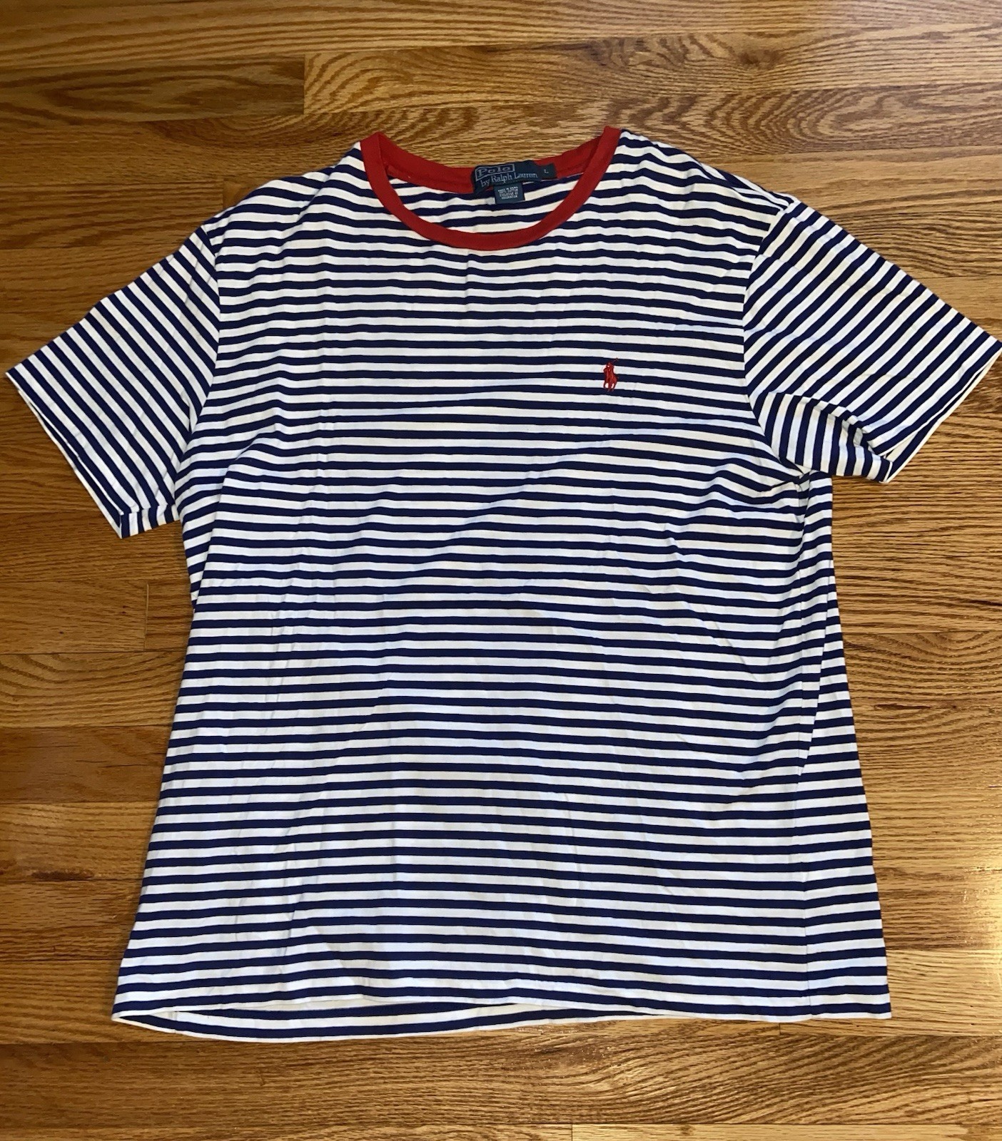 Ralph Lauren Men's Large Red White Blue Striped Crew Neck Tee-image