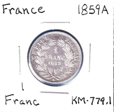 1859A France 1 Franc (KM-779.1)  .1447  ASW Silver!!! [Napoleon III]  Paris Mint