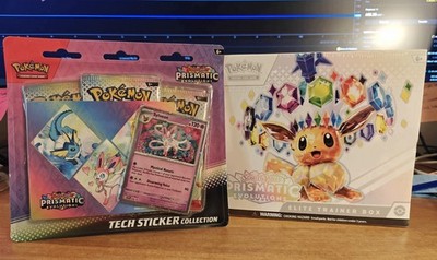 Pokemon TCG Prismatic Evolutions Sealed Tech Sticker and ETB Lot 