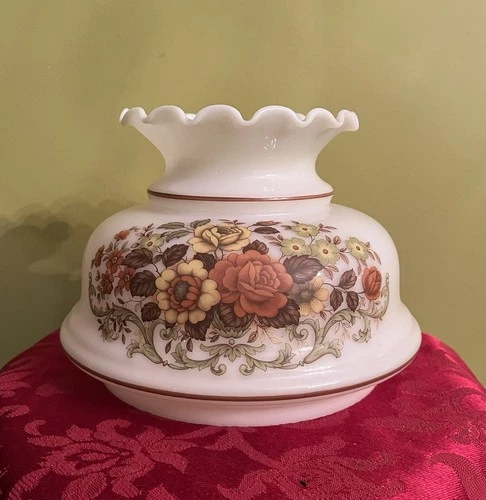 Vintage Quoizel Milk Glass Replacement GWTW Lamp Dome Autumn Rose Floral Ruffled