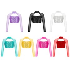 Kids Girls Dance Wear Sequins Crop Top Stylish T-Shirt Jazz Sportswear Hollow