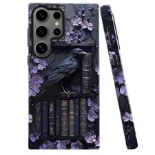 Purple Floral Crow Bookshelf Case for Samsung Galaxy S25 Ultra, Dual-Layer Cover