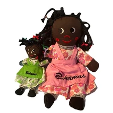 Lot Of 2 Bahamas Souvenir Handmade Cloth Black Rag Doll Yarn Hair Braids Tourist
