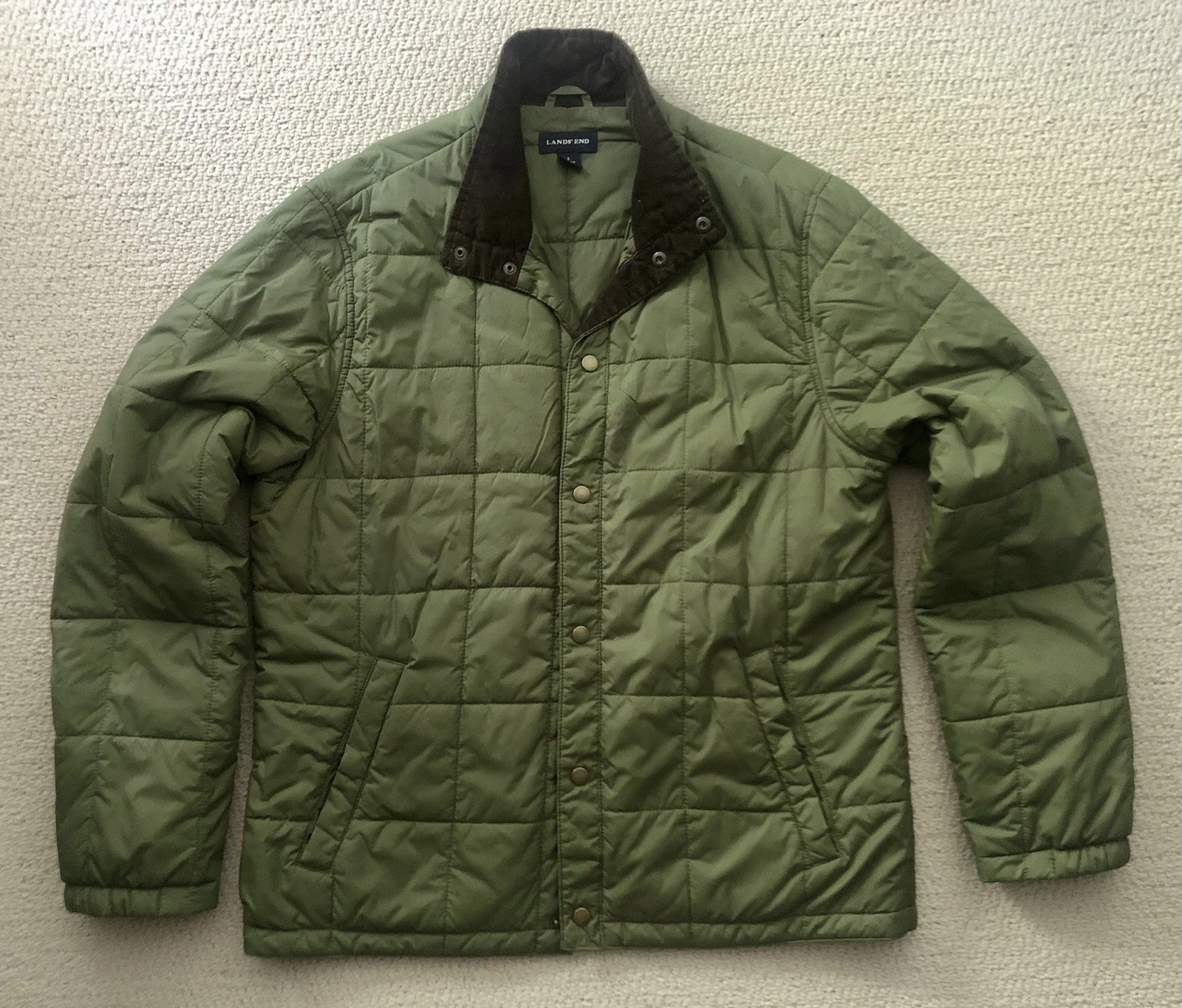 Lands End Men’s Quilted Jacket Large 42-44 Green Corduroy Collar Snap Front