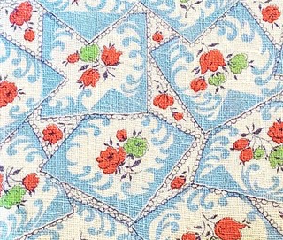 Vintage Feed Sack Blue Handkerchief Red Roses Hankie Novelty Feedsack
