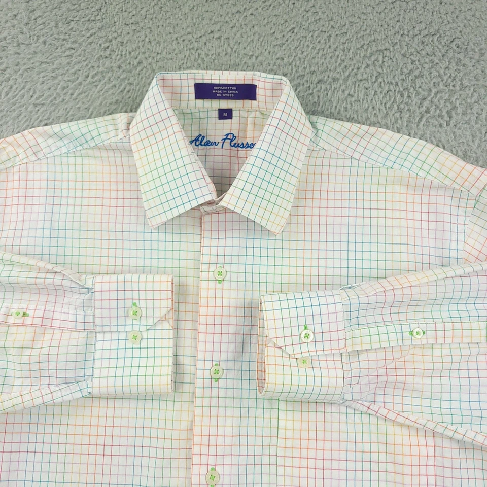 Camisa Alan River Para Hombre Mediana Blanca Multicolor Cuadros Rejilla Vestido Manga Larga Foto 2 de 4