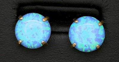 Pair 14Kt 10mm Round Vibrant Created Opal Cabochon Gem Stone Gemstone Earrings