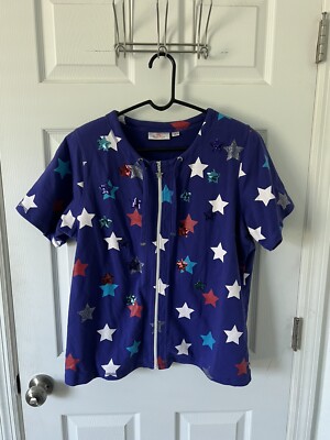 Quacker Factory Purple Full Zip Embellished Star Jacket Size Large Short Sleeves
