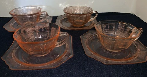 (Set of 4) Pink Hocking PRINCESS Depression Glass CUPS and SAUCERS