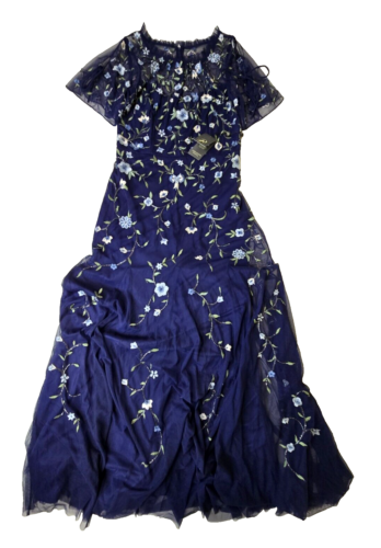 Adrianna Papell Floral Beaded Floral Light Navy Maxi Dress Women 10 NEW NWT